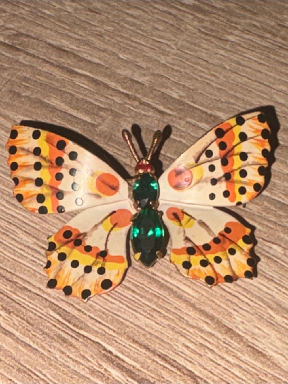 Czech Vintage Hand Painted Enamel & Rhinestone Butterfly Pin